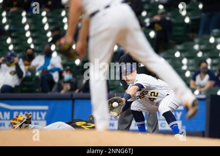 April 16, 2021: Milwaukee Brewers relief pitcher Brent Suter #42 delivers a  pitch during the Major League Baseball game between the Milwaukee Brewers  and the Pittsburgh Pirates at American Family Field in