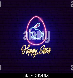 Happy Easter Egg Bunny Neon Label Stock Vector