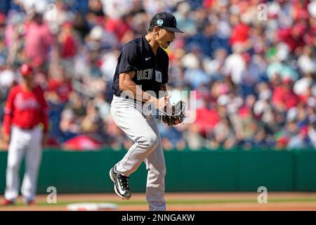 New York Yankees starting pitcher Bartolo Colon reacts after Tampa