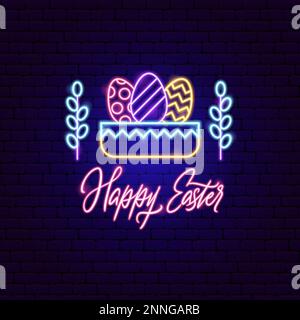 Happy Easter Eggs Basket Neon Label Stock Vector