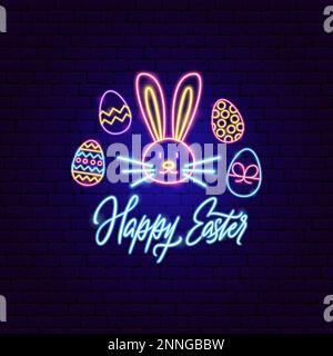 Happy Easter Bunny Neon Label Stock Vector