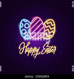 Happy Easter Eggs Neon Label Stock Vector