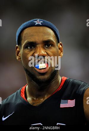 Lebron James of the USA gestures during their basketball gold medal match against Spain, on day ten of the 2008 Beijing Olympics in Beijing, China, on Sunday, Aug. 24, 2008. Photo by Victor Fraile Stock Photo