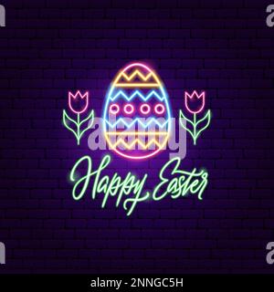 Spring Happy Easter Eggs Neon Label Stock Vector
