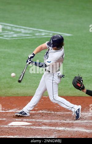 ST. PETERSBURG, FL - APRIL 09: Brett Gardner (11) of the Yankees hustles  over towards third base during the regular season game between the New York  Yankees and Tampa Bay Rays on