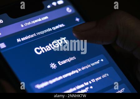 February 23, 2023: In this photo illustration, a person browses ChatGPT, a chatbot launched by OpenAI, on a smartphone, on February 23, 2023 in Guwahati, India. ChatGPT is a popular artificial intelligence chatbot, which has reached over 100 million users in two months after launch. (Credit Image: © David Talukdar/ZUMA Press Wire) EDITORIAL USAGE ONLY! Not for Commercial USAGE! Stock Photo