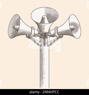 Three loudspeakers are mounted on a pole and directed in different directions. Figure isolated on beige background Stock Vector