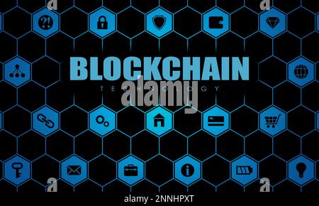 Blockchain technology is presented as a network of elements with icons connected to each other. Stock Photo