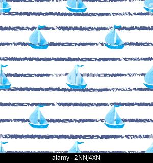 Seamless striped marine background with blue ships. Vector sea background with boats. Stock Vector