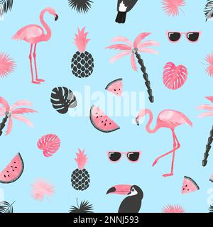 Tropical trendy pattern with watercolor flamingo, watermelon slices and palm leaves. Seamless vector summer background. Stock Vector