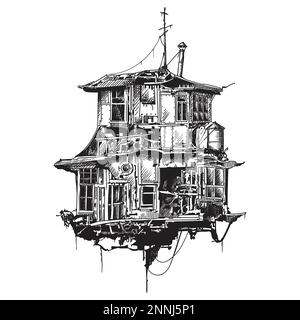 Fantastic flying old house. Stock Vector