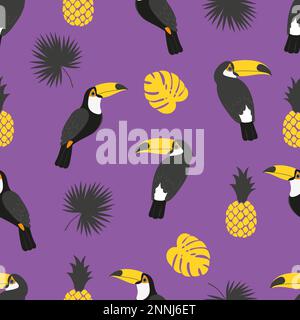 Seamless tropical pattern in bright colors. Vector background with toucans, pineapples and palm leaves. Stock Vector