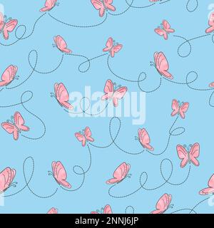 Seamless pattern with pink butterflies on blue. Vector background. Stock Vector