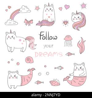Set of cute cats mermaids and cats unicorns. Vector collection of trendy stickers, patches in pink and white colors. Stock Vector