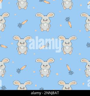 Seamless vector pattern with cute bunnies and carrots on blue. Baby print with rabbits. Stock Vector
