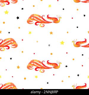 Seamless watercolor Firebird pattern. Vector background with flaming Phoenix bird. Stock Vector