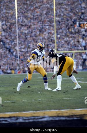 20 January 1980: Super Bowl XIV was played between AFC champion Pittsburgh  Steelers and NFC champion Los Angeles Rams at the Rose Bowl in Pasadena  California. Action during game - Robin Cole (