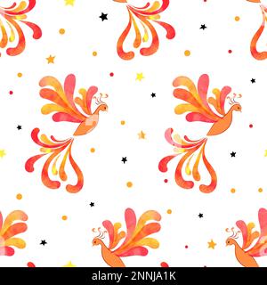 Seamless Firebird pattern. Vector background with watercolor flying flaming Phoenix. Stock Vector