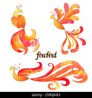 Mythical Firebird set. Watercolor flaming Phoenix symbols isolated on white background. Vector illustration. Stock Vector