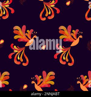 Seamless fairy Firebird pattern. Vector background with watercolor flying flaming Phoenix. Stock Vector