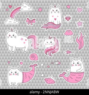 Cute cat unicorn, mermaid. Set of decorative elements, trendy patches, stickers. Vector illustration. Stock Vector
