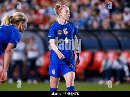 U.S. 22nd Feb, 2023. Women's National Team Becky Sauerbrunn (4) in game action during the SheBelieves Cup soccer game between the U.S. Women's National Team and Brazil Women's National Team at Toyota Stadium in Frisco, Texas, USA defeated Brazil 2-1 Albert Pena/CSM/Alamy Live News Stock Photo