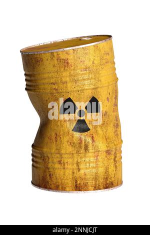 Yellow crumpled rusty steel barrel with environmentally hazardous radioactive waste isolated on white background. 3D illustration Stock Photo