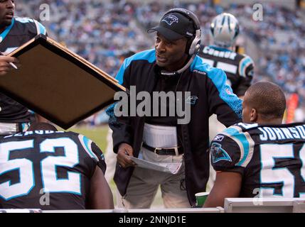 25 October 2009: Bills quarterback Ryan Fitzpatrick (14) gets hit by Panther  defensive end Tyler Brayton (96) during the second quarter of the Buffalo  Bills 20-9 victory over the Carolina Panthers at