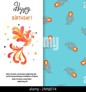 Happy Birthday card design with firebird. Vector illustration of Phoenix. Stock Vector