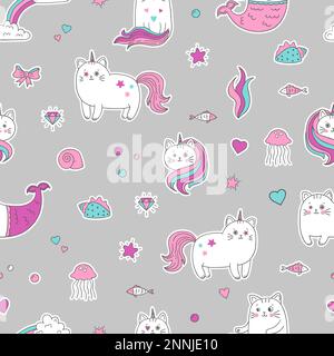 Cute cat unicorn mermaid patches seamless pattern. Vector trendy background. Stock Vector
