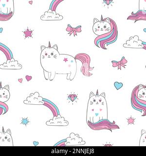 Cute cats unicorns seamless pattern. Vector background for kids design. Stock Vector