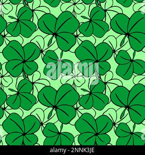 seamless asymmetric pattern of clover leaves in green tones and black contouros, design, texture Stock Photo