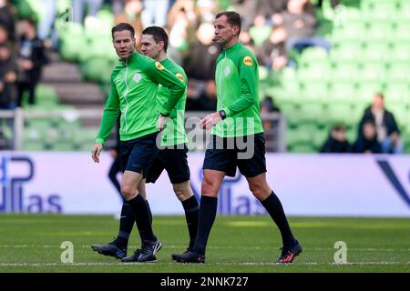 25-02-2023: Sport: Groningen v Excelsior  GRONINGEN, NETHERLANDS - FEBRUARY 25: referee Danny Makkelie, assistant referee Hessel Steegstra and assista Stock Photo