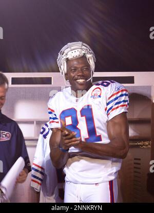 30 July 2009: Wide Reciever Terrell Owens of the Buffalo Bills unveils the  new throwback uniforms after the Bills Thursday night practice at St. John  Fisher College in Pittsford, New York. (Icon