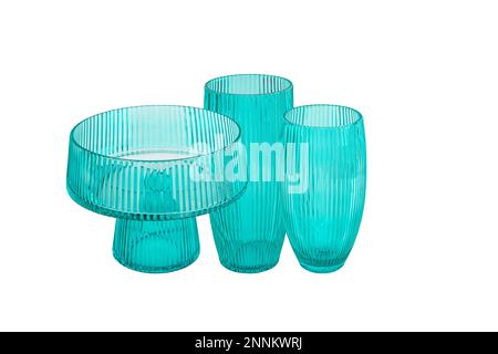 Handmade colored glass vases. Set of various hand painted glass bottles isolated on white background. Colorful and neat design of the stain glass vase Stock Photo