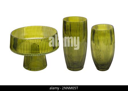 Handmade colored glass vases. Set of various hand painted glass bottles isolated on white background. Colorful and neat design of the stain glass vase Stock Photo