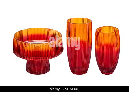 Handmade colored glass vases. Set of various hand painted glass bottles isolated on white background. Colorful and neat design of the stain glass vase Stock Photo