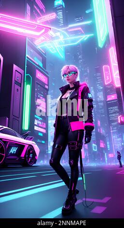 Cyber Punk Girl in a neon-infused street, wearing high-tech glasses and a glowing jacket, surrounded by futuristic cars and hovering drones. The atmos Stock Photo