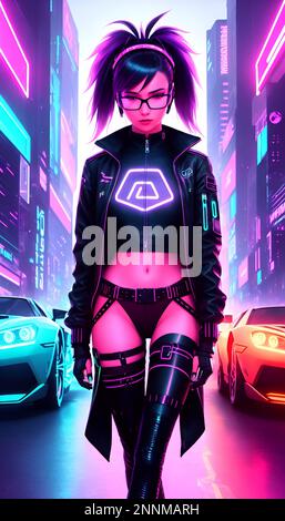 Cyber Punk Girl in a neon-infused street, wearing high-tech glasses and a glowing jacket, surrounded by futuristic cars and hovering drones. The atmos Stock Photo