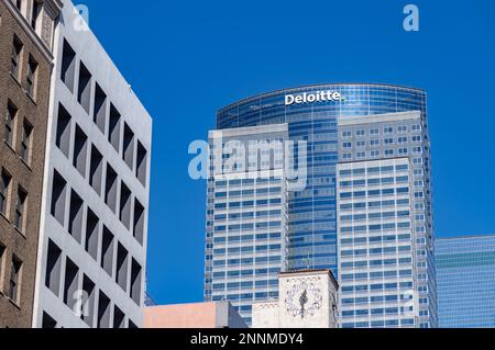 A picture of The Gas Company Tower or Deloitte building in Downtown Los Angeles. Stock Photo