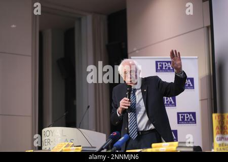 United States senator Bernie Sanders, of Vermont, at the Foreign Press Association London for his book launch on February 25, 2023 Stock Photo