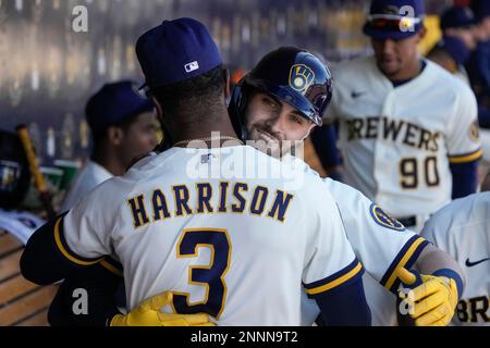 Milwaukee Brewers' Garrett Mitchell hits his second two-run home run during  the fifth inning of a spring training baseball game against the Los Angeles  Dodgers Saturday, Feb. 25, 2023, in Phoenix. (AP