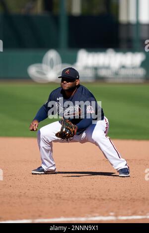 Atlanta Braves first baseman Pablo Sandoval fields a ground ball during a  spring training game against the Boston Red Sox Wednesday, March 10, 2021,  in Fort Myers, Fla.. (AP Photo/John Bazemore Stock