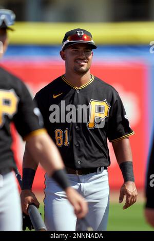 Pittsburgh Pirates seconed baseman Nick Gonzales (75) throws to first base  during a spring training baseball game against the Baltimore Orioles on  March 8, 2023 at Ed Smith Stadium in Sarasota, Florida. (