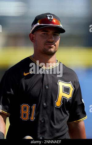 Pittsburgh Pirates Nick Gonzales (81) walks to the dugout during a Major  League Spring Training game against the Toronto Blue Jays on March 1, 2021  at TD Ballpark in Dunedin, Florida. (Mike