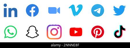 TikTok, Instagram, Youtube, Pinterest, LinkedIn, Facebook, Zoom, Vimeo, Telegram, Twitter, WhatsApp and Snapchat social media app icon set. Vector illustration. Stock Vector