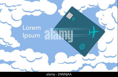 The image of an airliner leaves a contrail design across the face of an air miles reward credit card in this illustration about perks for air traveler Stock Photo