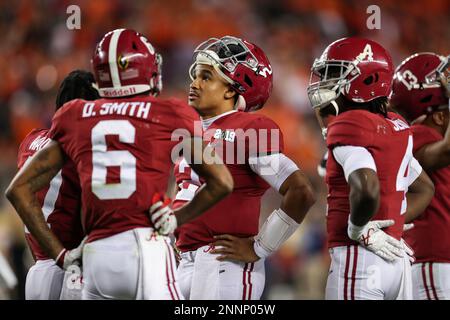 Alabama Crimson Tide quarterback Jalen Hurts talks to reporters during  media day prior to the NCAA Football National Championship, in Tampa,  Florida on January 7, 2017. Alabama will take on the Clemson