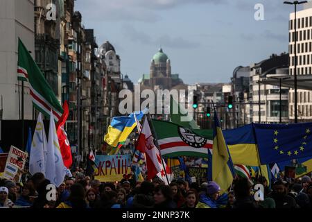 Brussels, Brussels Capital Region, Belgium. 25th Feb, 2023. People hold signs, Ukrainian and Belarusian flags, and flags of the Chechen Republic of Ichkeria during a demonstration in occasion of the one-year anniversary of Russia's invasion of Ukraine in Brussels, Belgium, February 25, 2023. (Credit Image: © Valeria Mongelli/ZUMA Press Wire) EDITORIAL USAGE ONLY! Not for Commercial USAGE! Credit: ZUMA Press, Inc./Alamy Live News Stock Photo