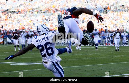 December 14, 2017: Denver wide receiver Demaryius Thomas (88) during  warmups of NFL football game action between the Denver Broncos and the  Indianapolis Colts at Lucas Oil Stadium in Indianapolis, Indiana. Denver